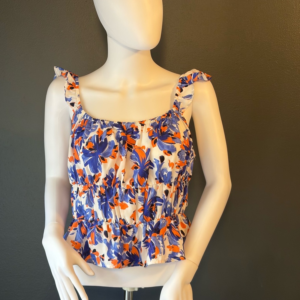 Floral Ruffle Strap Top - Blue and Orange